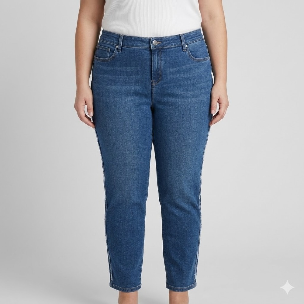 Chico's Perfect Stretch Girlfriend Slim Ankle Jean‎ Tuxedo Stripe Blue Size 2